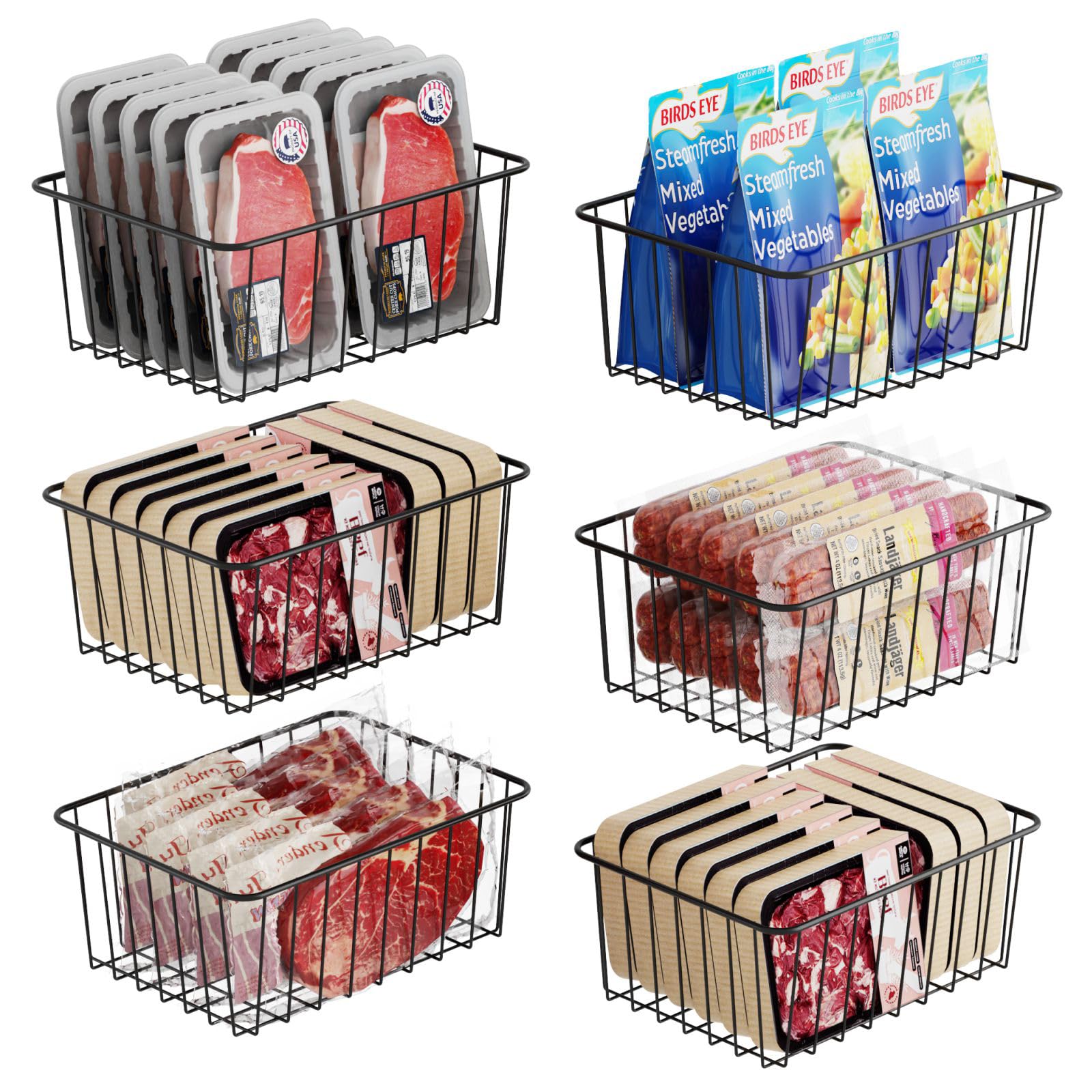 iSPECLE Upright Freezer Organizer Bins - 6 Pack Small Stand Up Freezer Baskets for 13 cu.ft Freezer, Get Food Easily, Freeze Efficiently with Air Circulation Stop Food Fall out from Freezer, Black