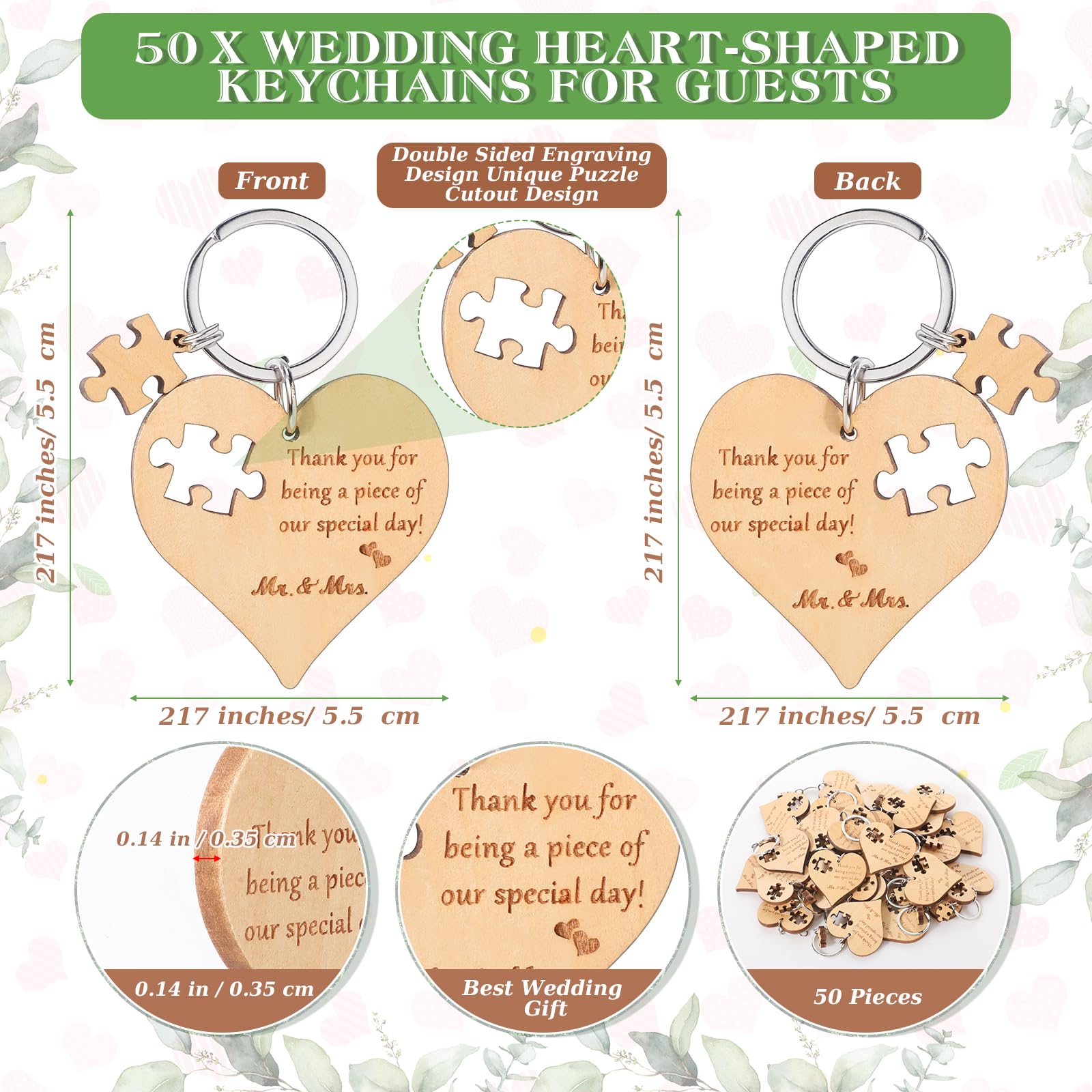 Ecation Wedding Favors for Guests Wood Heart Puzzle Keychains Thank You Cards Gift Bag Bridal Shower Souvenir Gifts(100 Sets)