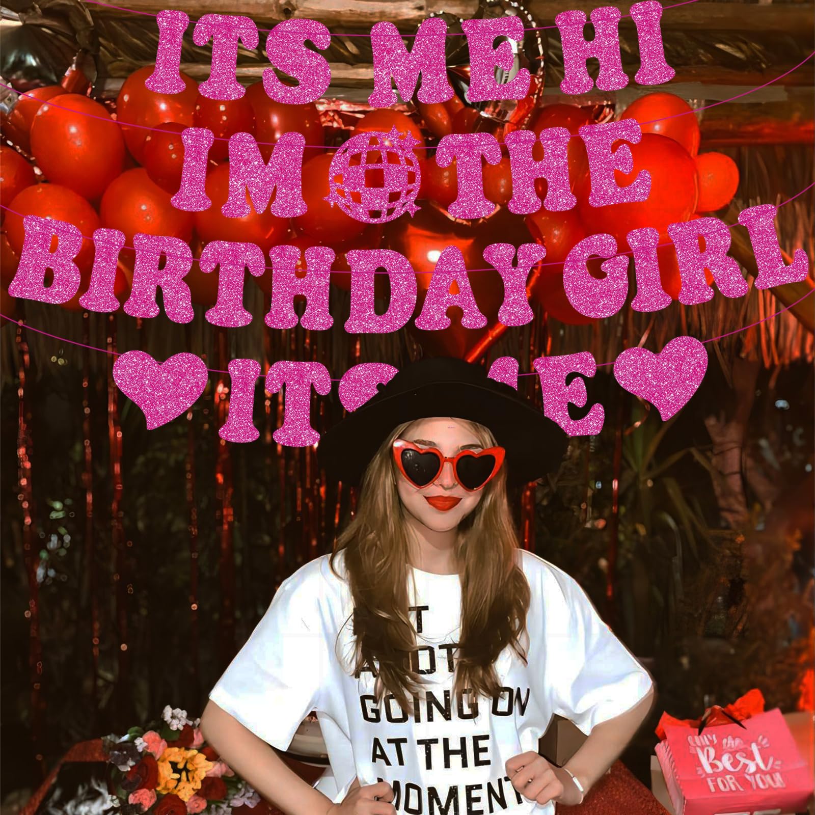 Pre-Strung Its Me Hi Im the Birthday Girl Its Me Banner, NO-DIY Popular Singer Happy Birthday Banner Hot Pink Glitter Birthday Decorations Banner for Fans Girls Women Birthday Party