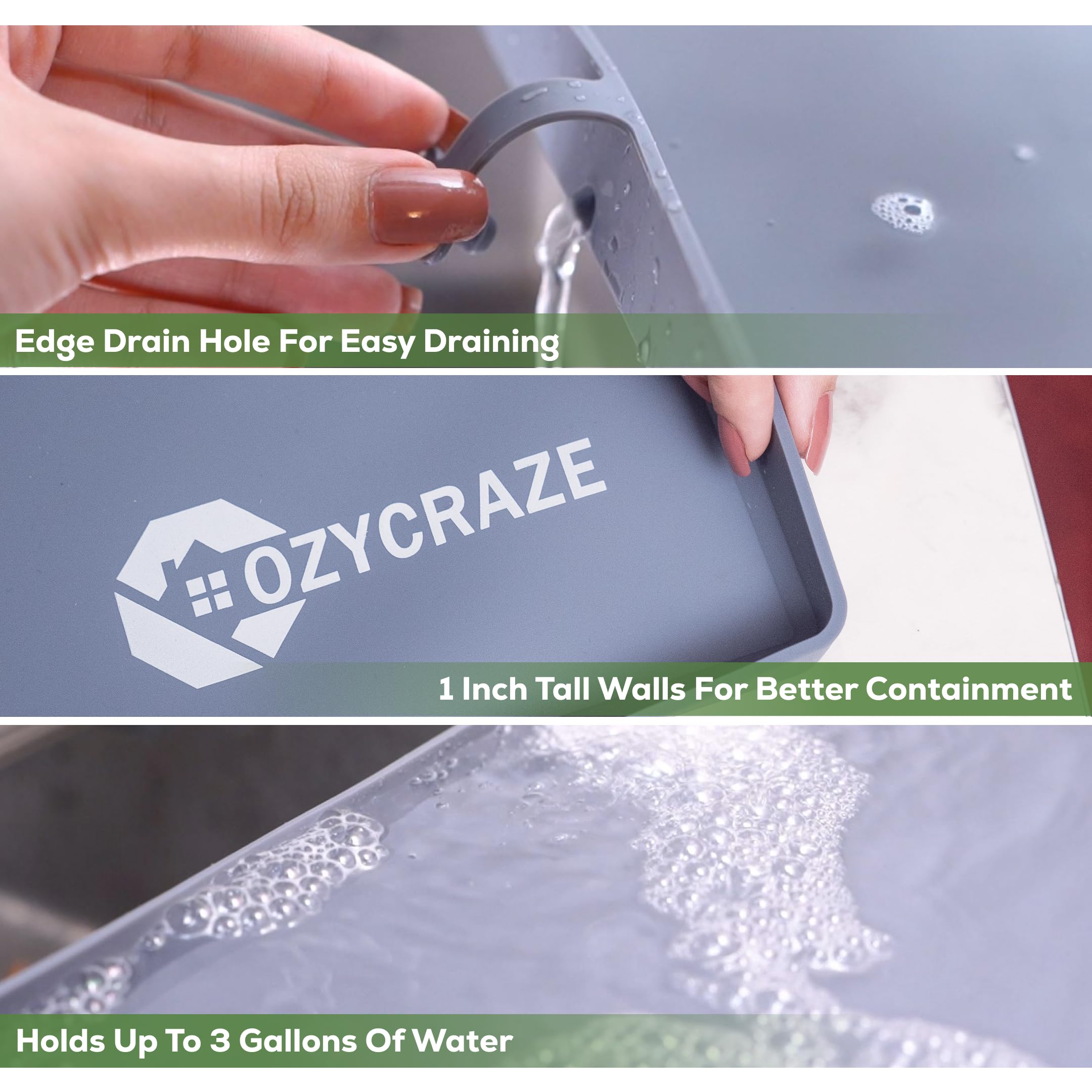 Cozycraze Under Sink Mat 𝟮𝟮𝘅𝟯𝟰 Inches, Durable Slip Resistant Silicone Under the Sink Mat with Drain Hole on Edge for Bathroom and Kitchen Cabinets, Under Sink Mats for Kitchen Waterproof (Grey)