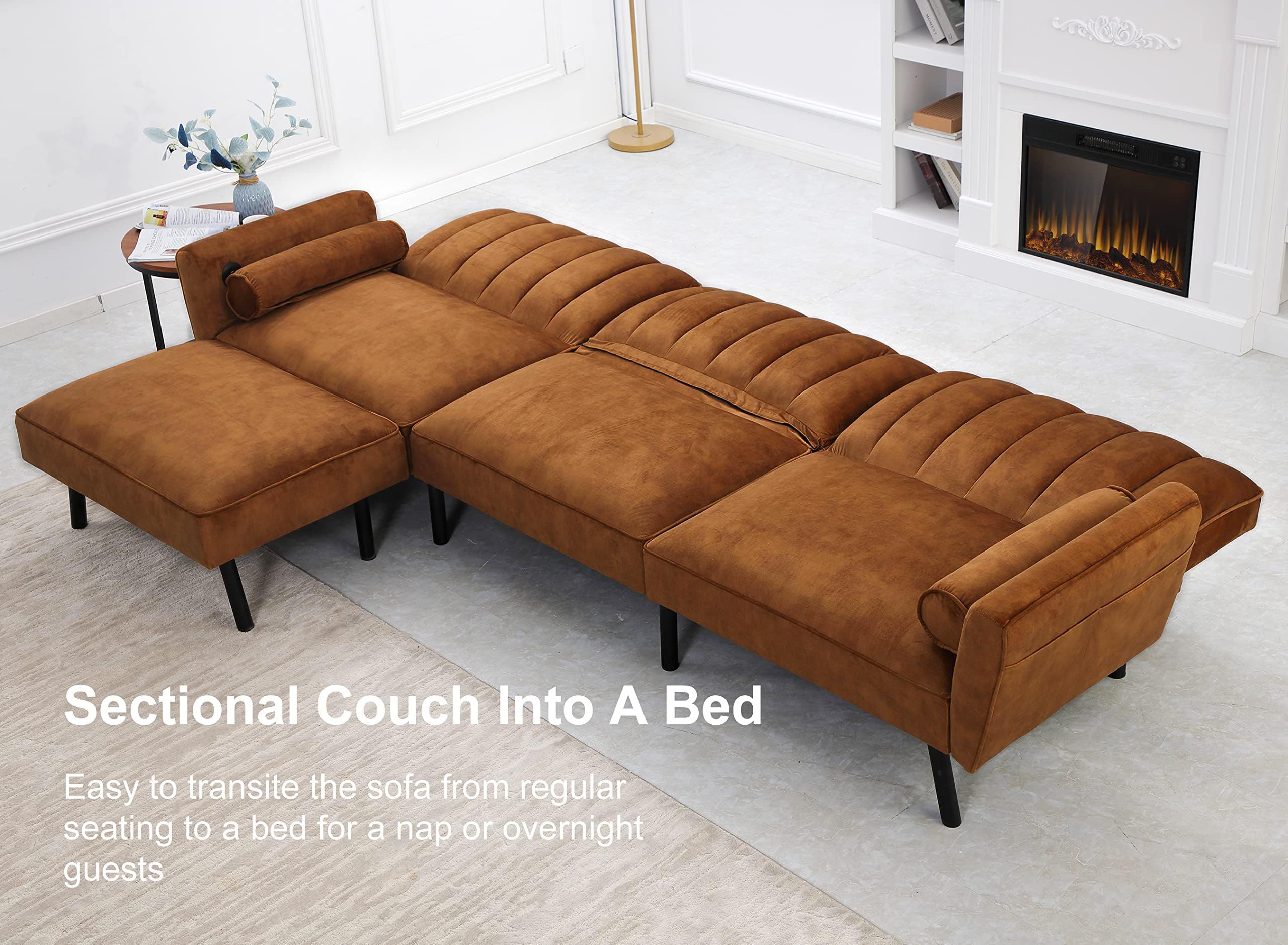 DURASPACE Velvet Sectional Convertible Sofa with Chaise, 106.5" L Shape Sectional Sofa Couch with USB, Split Back Folding Futon Couch for Living Room (Caramel Brown)