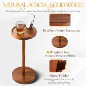 BLUEWEST Pedestal Side Table, Acacia Weighted Base Drink Table, Small Round Side Table for Small Spaces with Phone Holder, Martini and Cocktail Pedestal End Table, Mini Pedestal Table