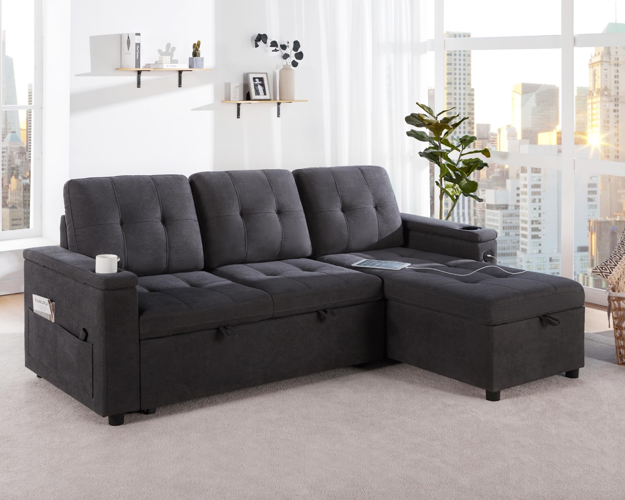 VanAcc Sleeper Sofa, Pull Out Couch Bed with USB Charging Port & Cup Holders, L-Shaped Sectional Couch with Storage Chaise, Comfy Couch for Living Room (Dark Grey)