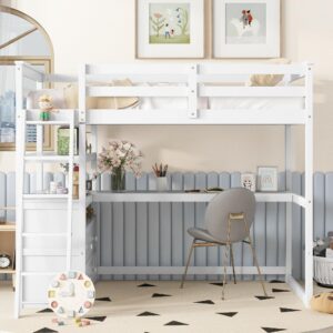 MERITLINE Twin Loft Bed with Desk and Storage, Wooden Loft Bed Twin with Shelves and Two Built-in Drawers for Kids Teens Boys Girls,No Box Spring Needed,White