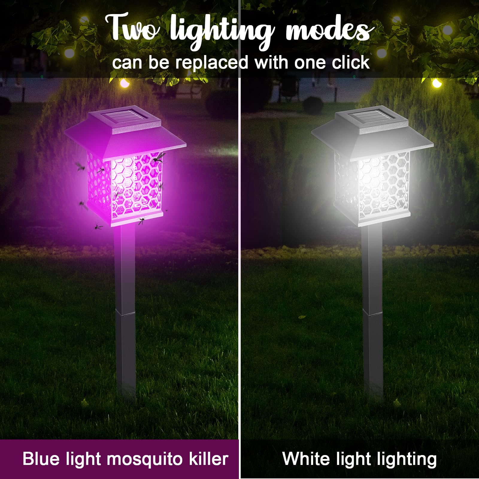 Qualirey 4 Pcs Solar Bug Zapper 2 in 1 Waterproof Mosquito Killer Lamp with Purple and White Light Outdoor Solar Insect Trap Black Fly Repellent Light for Patio Yard Garden Pathway