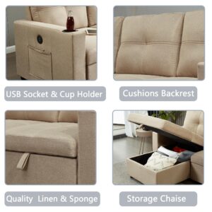 INSTORY Mid-Century Modern Linen Sofa Pull Out Sofa Bed L-Shaped Sectional Sofa Convertible Sleeper Sofabed with Storage Chaise & USB & Cup Holder for Living Room - Light Brown