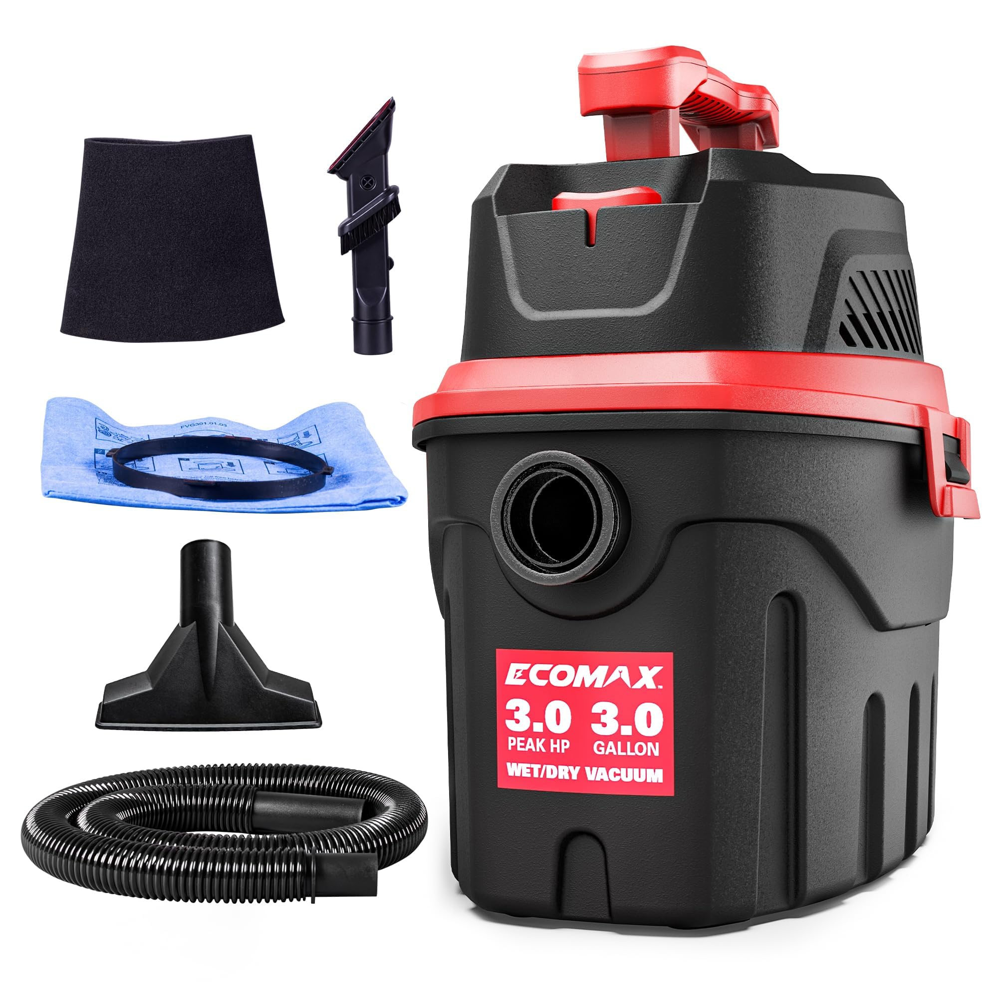 ECOMAX Small Shop Vacuum Wet/Dry 3 Gallon, 3 Peak HP, Small Shop Wet Dry Vac, 3-in-1 Mini Shop Vacuum with Blower Function, with Air Flow 80CFM, for Home, Car Detailing, Workshop, EM18910P-3