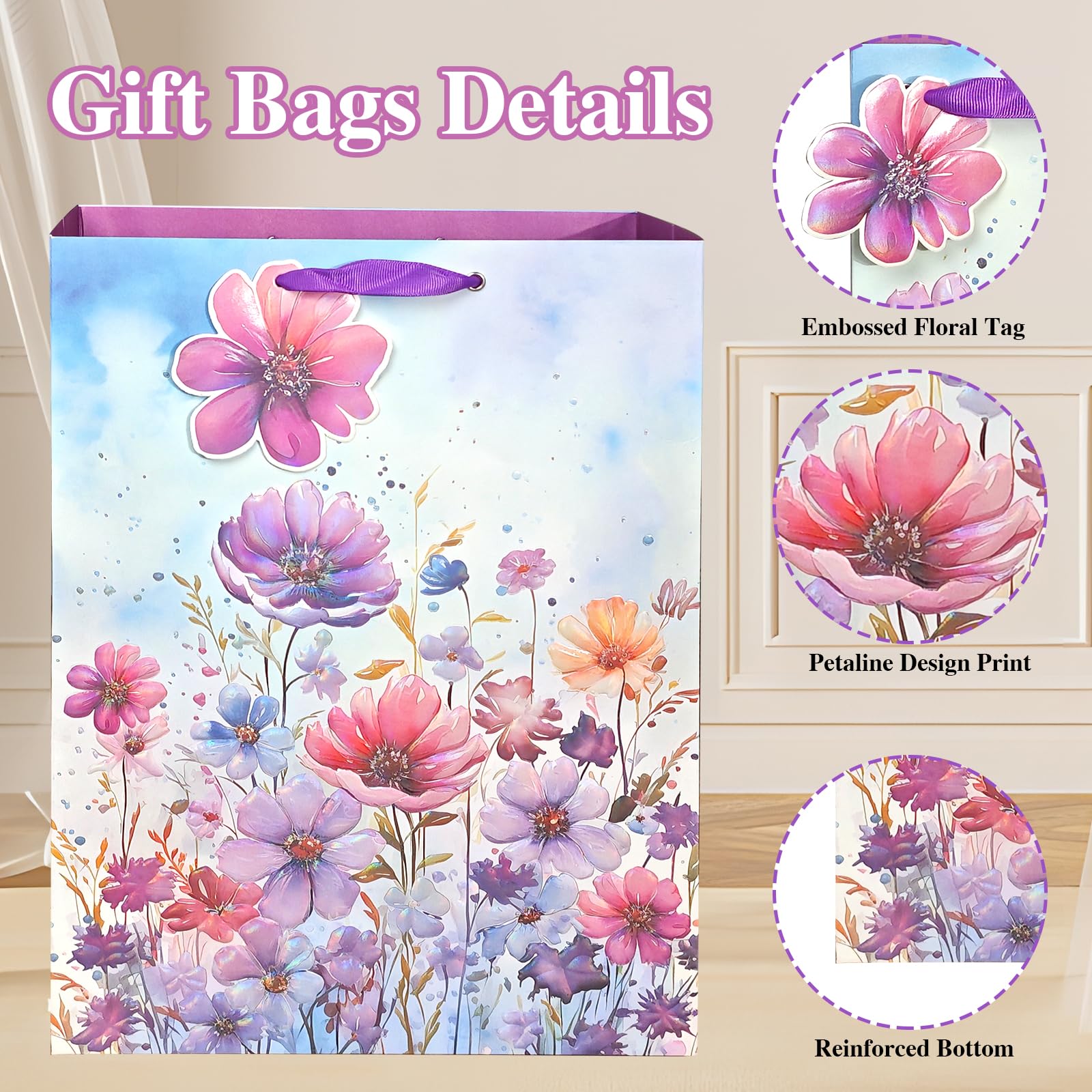 6 Pack Purple Flowers Pattern Embossed Paper Gift Bag with Handles, Assorted Paper Bags with 8 Pcs Tissue Paper for Girls/Women Baby Shower, Celebrations,Birthday,Wedding and Any Occasions