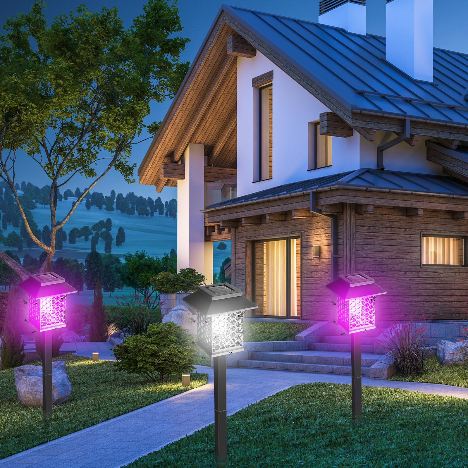 Qualirey 4 Pcs Solar Bug Zapper 2 in 1 Waterproof Mosquito Killer Lamp with Purple and White Light Outdoor Solar Insect Trap Black Fly Repellent Light for Patio Yard Garden Pathway