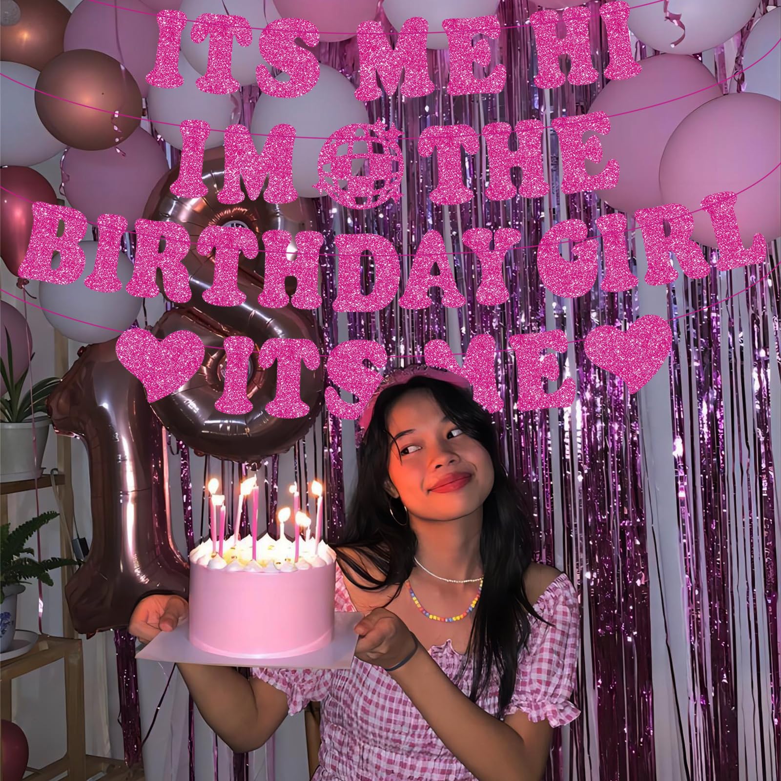 Pre-Strung Its Me Hi Im the Birthday Girl Its Me Banner, NO-DIY Popular Singer Happy Birthday Banner Hot Pink Glitter Birthday Decorations Banner for Fans Girls Women Birthday Party