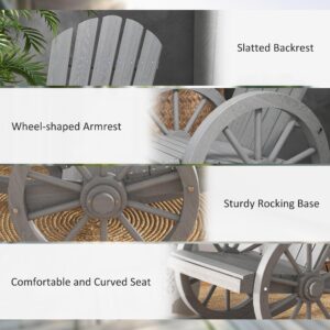 Outsunny Wooden Rocking Chair, Adirondack Rocker Chair w/Slatted Design and Oversized Back, Outdoor Rocking Chair with Wagon Wheel Armrest for Porch, Poolside, and Garden, Gray