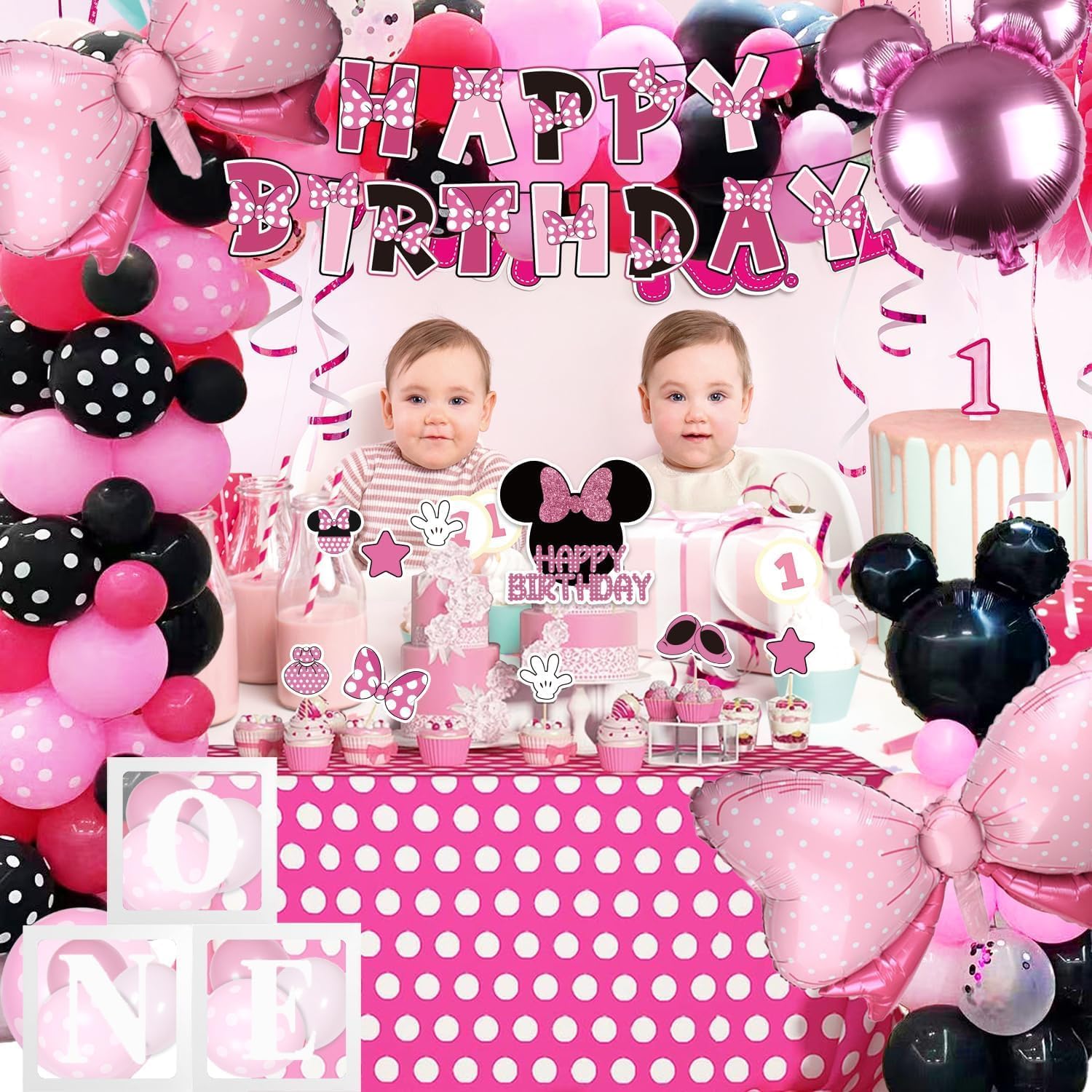 Pink Mouse Birthday Party Supplies - Pink Mouse Balloon Garland Arch Kit for Cartoon Mouse Theme Birthday Party Decorations for Girl, Pink Bow Foil Balloons and Banners for Baby Shower Party Supplies