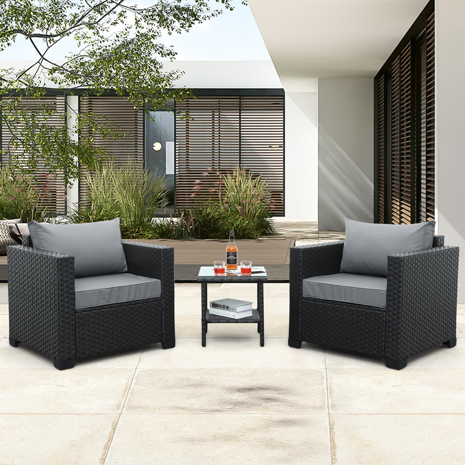 3 Piece Patio Set Wicker Patio Furniture Patio Conversation Sets Outdoor Chairs and Glass Side Table Balcony Furniture with Non-Slip Cushions and Waterproof Covers, Light Grey