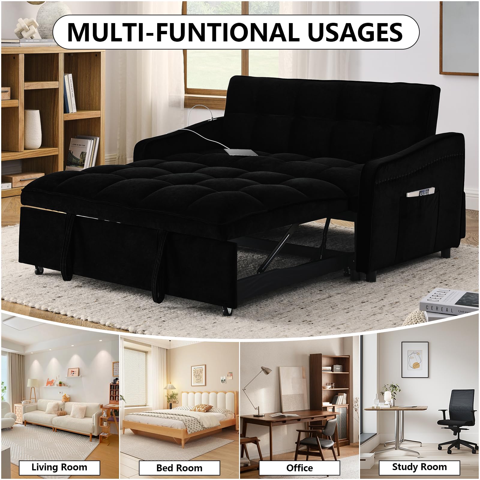 Keainvren Sleeper Sofa with Pocket Velvet Pull Out Sofa Bed with USB Charging Convertible Sofa Adjustable Backrest Loveseat Sofa Couch for Living Room, Office,Small Space (Black 5)