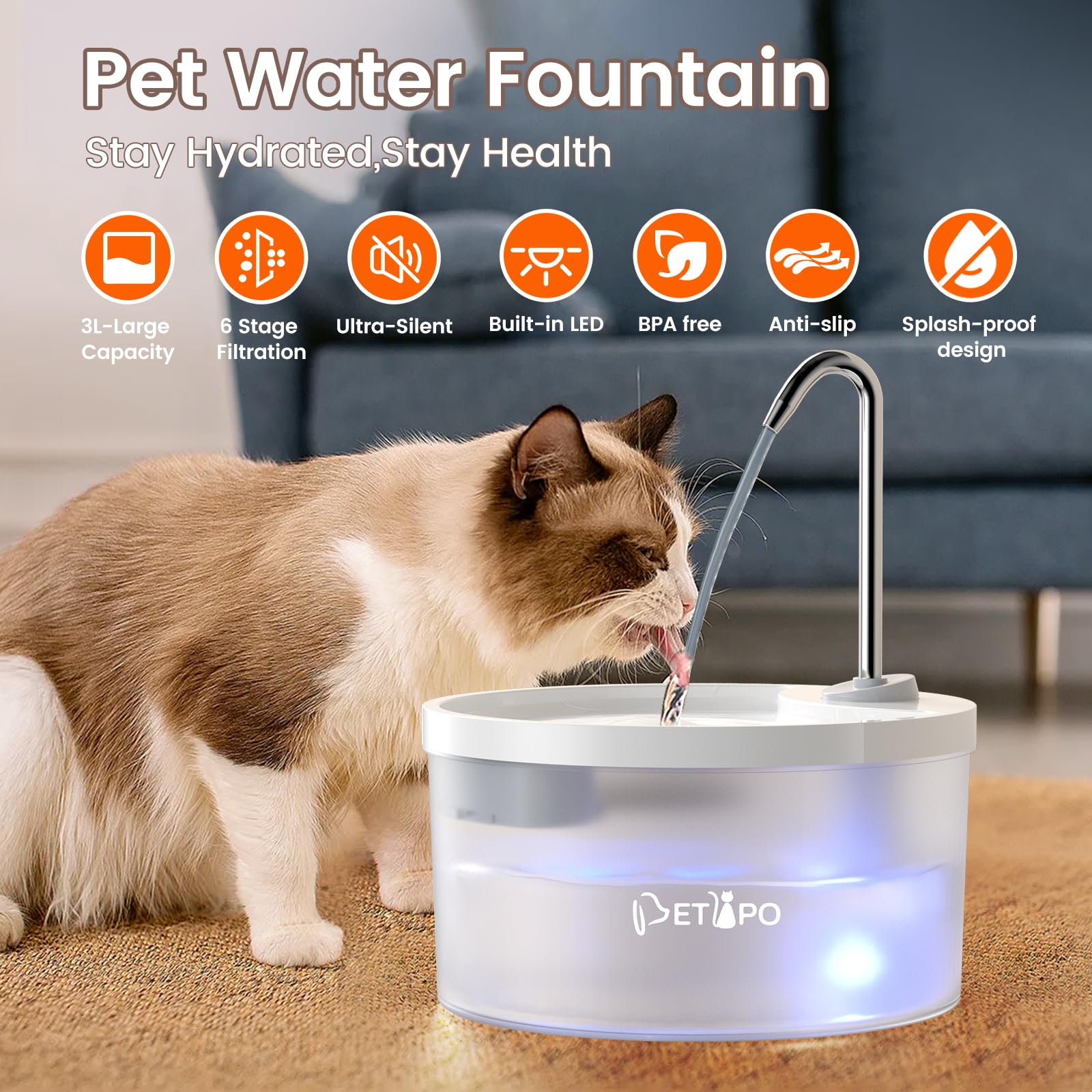 Petlipo Cat Water Fountain, 3L/100oz Super Silent Pet Water Fountains for Cats Dogs Indoor, Cat Fountain with Water Alert Light, Kitty Spout Cat Drinking Fountain, BPA-Free, Easy Clean (White)