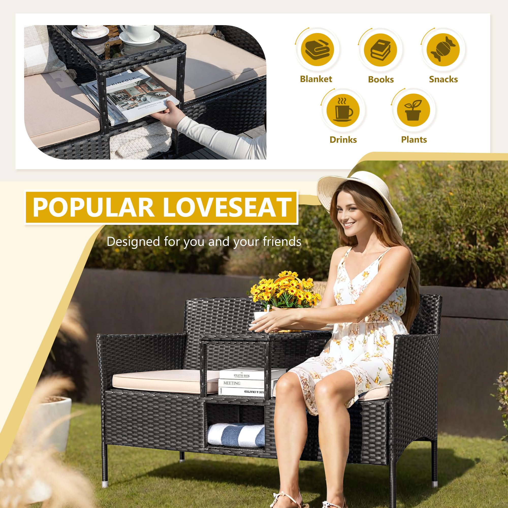 Devoko Outdoor Patio Loveseat Modern Rattan 2-Seat Patio Conversation Set with Cushions & Built-in Coffee Table Porch Furniture for Garden Lawn Backyard (Beige)