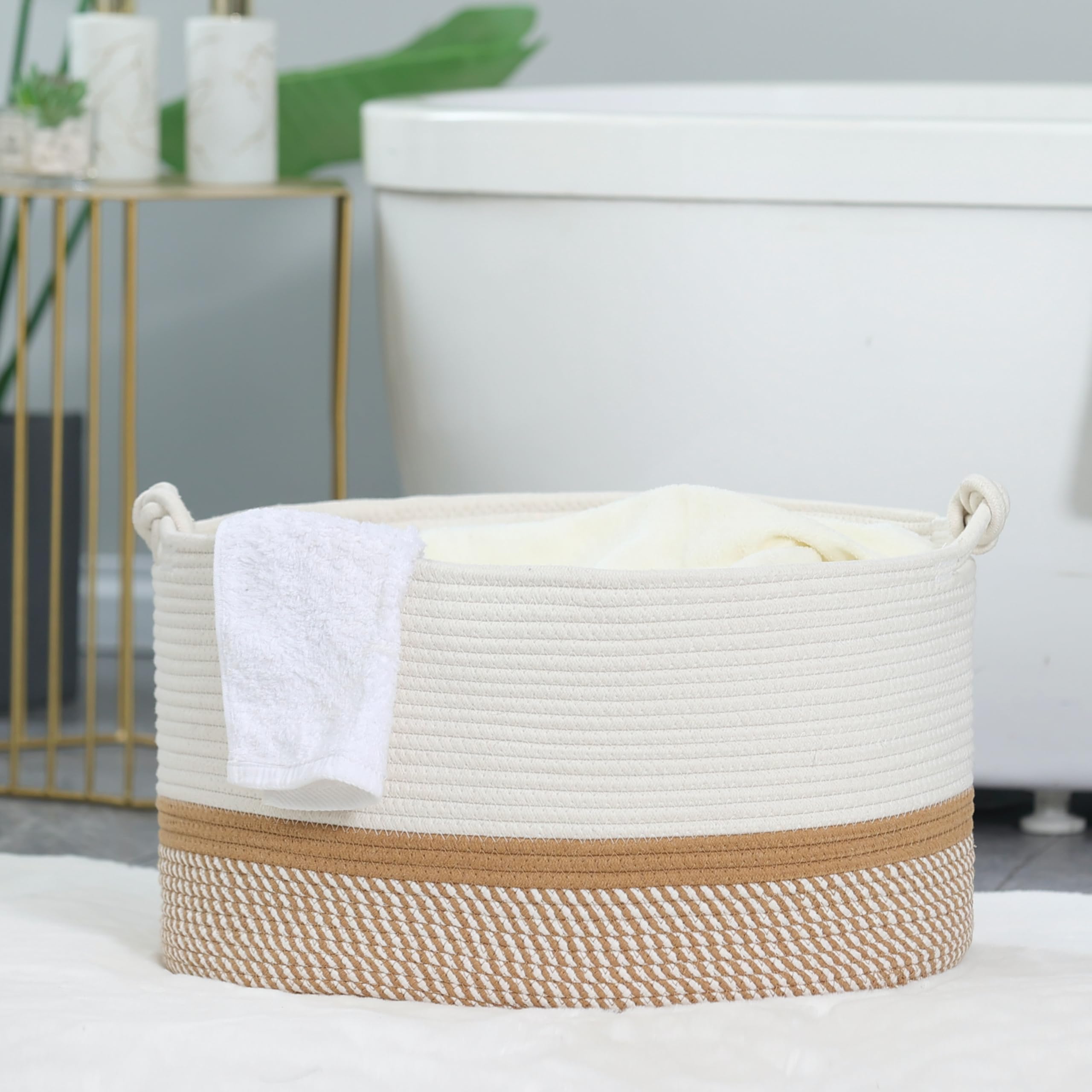 Norheirui Blanket Basket 20”x13”x11”,Large Woven Basket for Storage,Cotton Rope Basket for Blankets in Living Room,Blanket Storage,Kids Toy Basket, Rope Baskets with Handles, Large Basket,White/Brown