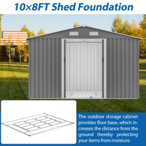 Lifeand 10’x 8’ Outdoor Storage Shed, All Weather Metal Sheds with Metal Foundation & Lockable Doors, Tool Shed for Garden, Backyard, Front Yard, Lawn, Patio, Grey