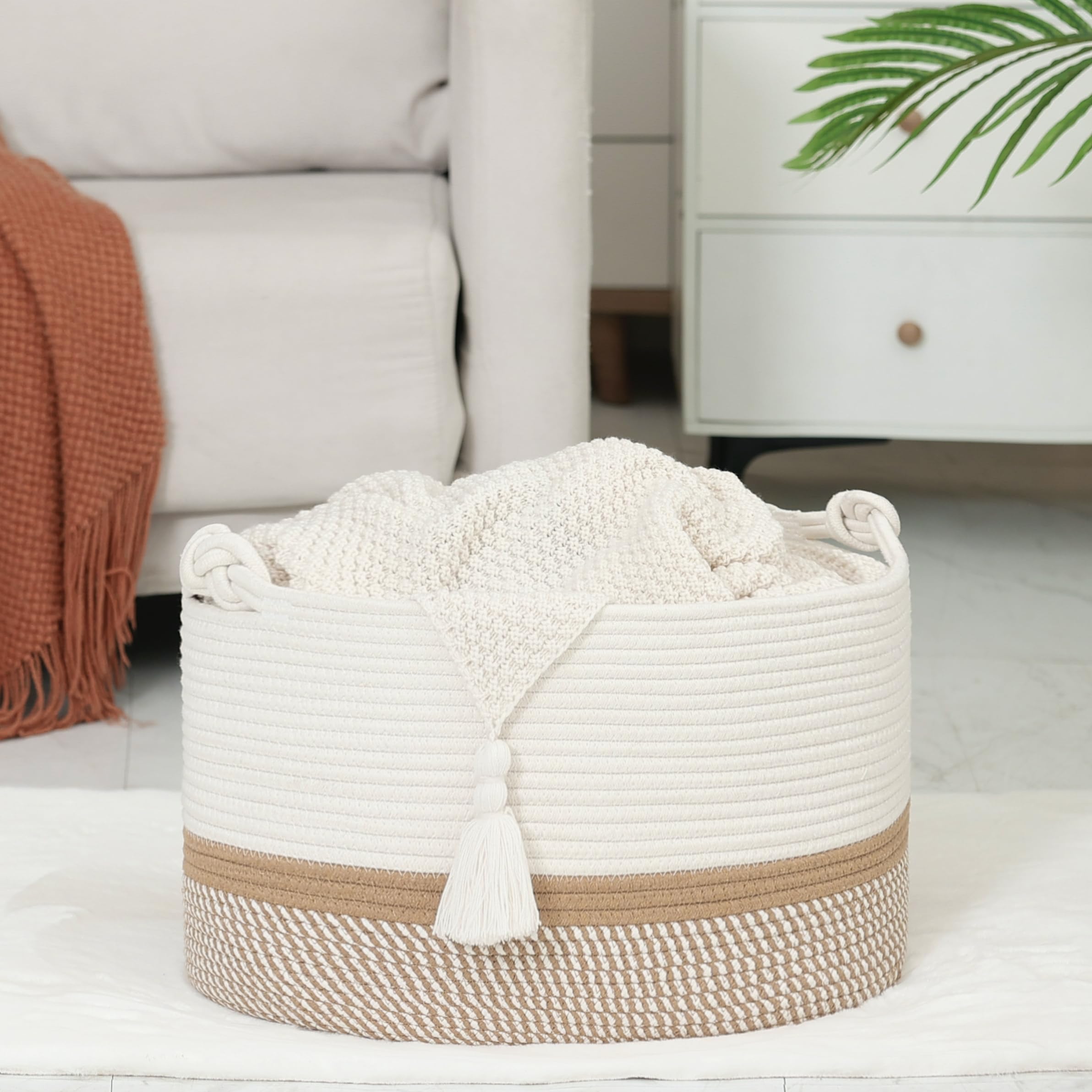 Norheirui Blanket Basket 20”x13”x11”,Large Woven Basket for Storage,Cotton Rope Basket for Blankets in Living Room,Blanket Storage,Kids Toy Basket, Rope Baskets with Handles, Large Basket,White/Brown