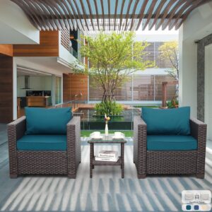 patio furniture 3 piece patio set patio conversation sets outdoor chairs and glass side table balcony furniture with non-slip cushions and waterproof covers, peacock blue