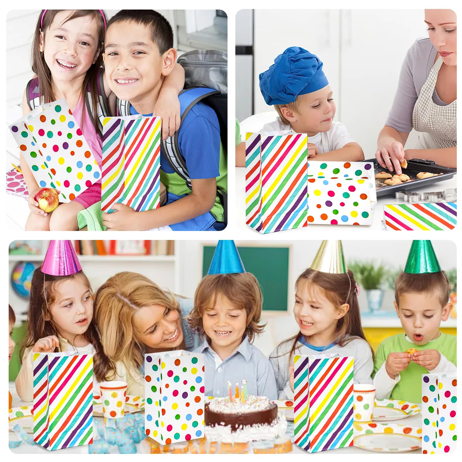 JOHOUSE 100PCS Party Favor Bags, Treat Bags with Stickers Colorful Stripe Dot Gift Bags for Kids Birthday Party Baby Showers 4.7" x 3.1" x 8.7"