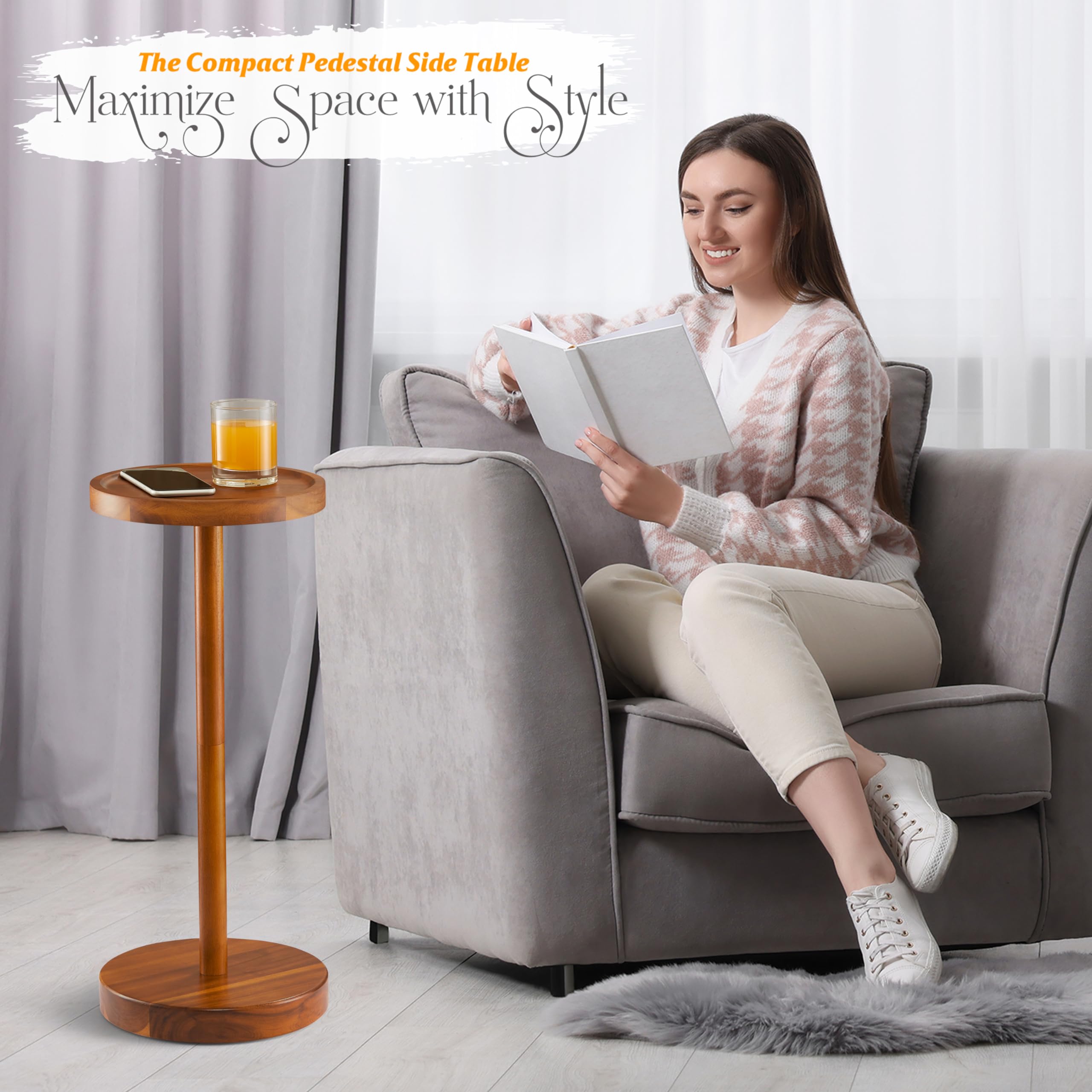 BLUEWEST Pedestal Side Table, Acacia Weighted Base Drink Table, Small Round Side Table for Small Spaces with Phone Holder, Martini and Cocktail Pedestal End Table, Mini Pedestal Table