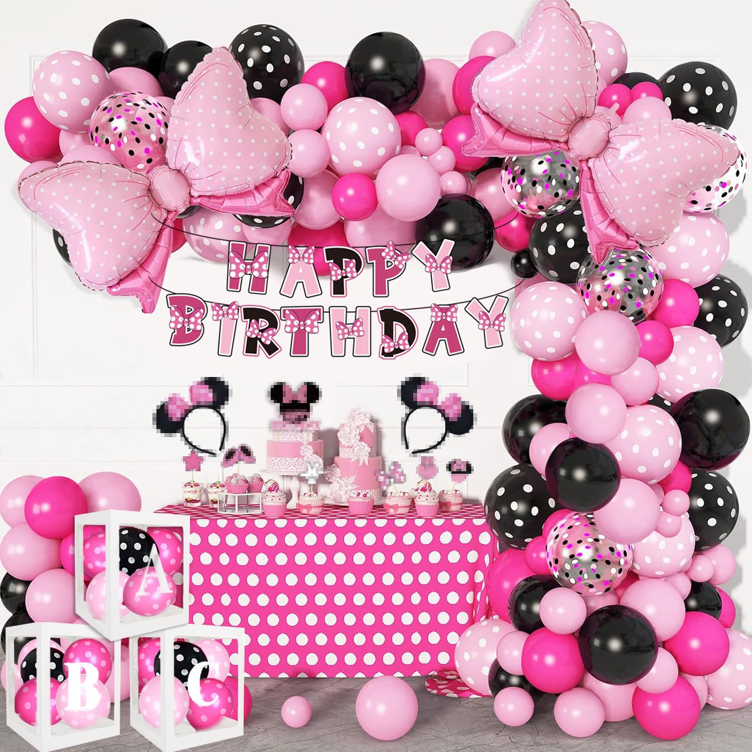 Pink Mouse Birthday Party Supplies - Pink Mouse Balloon Garland Arch Kit for Cartoon Mouse Theme Birthday Party Decorations for Girl, Pink Bow Foil Balloons and Banners for Baby Shower Party Supplies