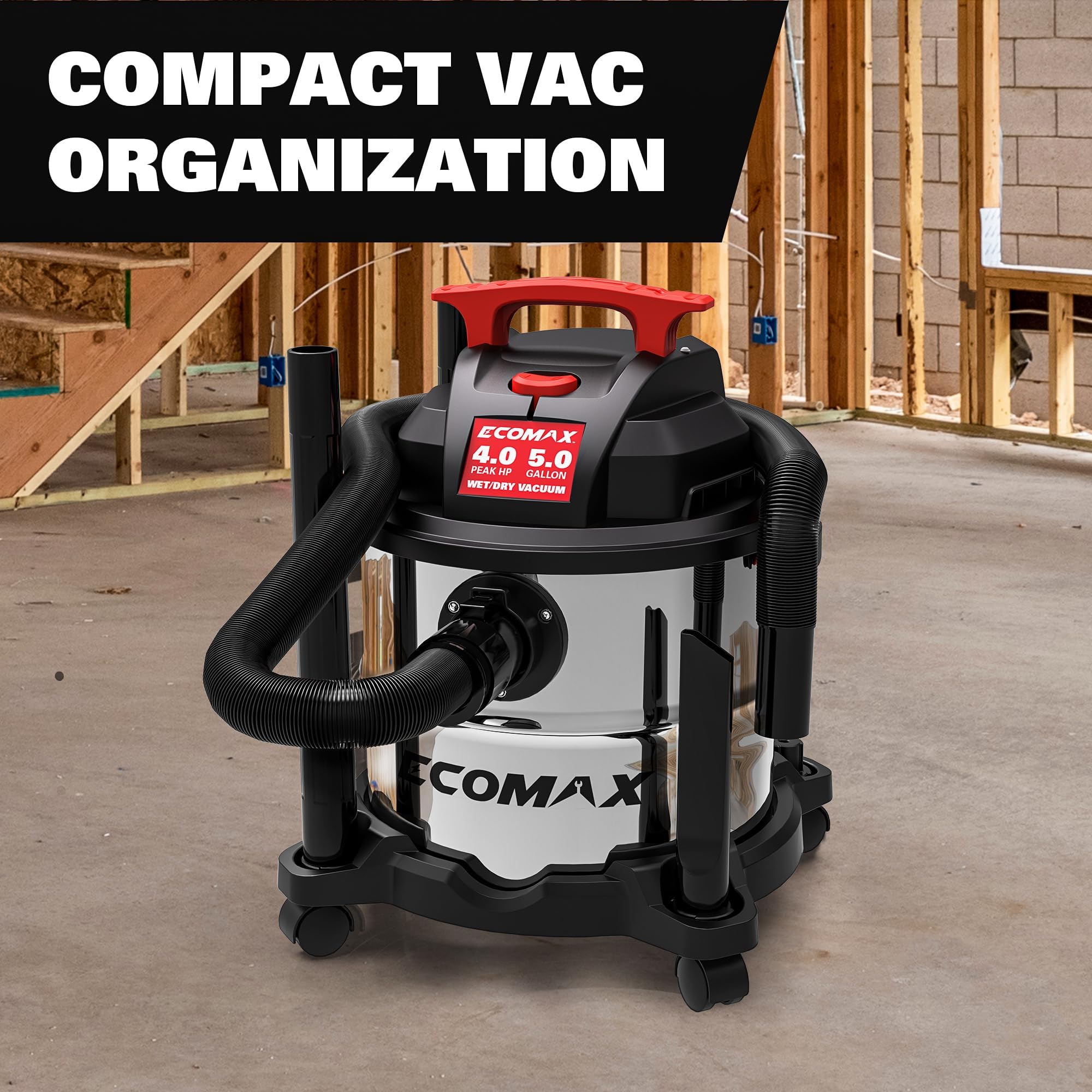 ECOMAX Wet Dry Vac 5 Gallon, 4 Peak HP, Portable Stainless Steel Shop Vacuum Wet/Dry with Powerful Suction-85 CFM, 3-in-1 Wet/Dry/Blow, Shop Vacuum for Home, Workshop, Jobsite, EM18115