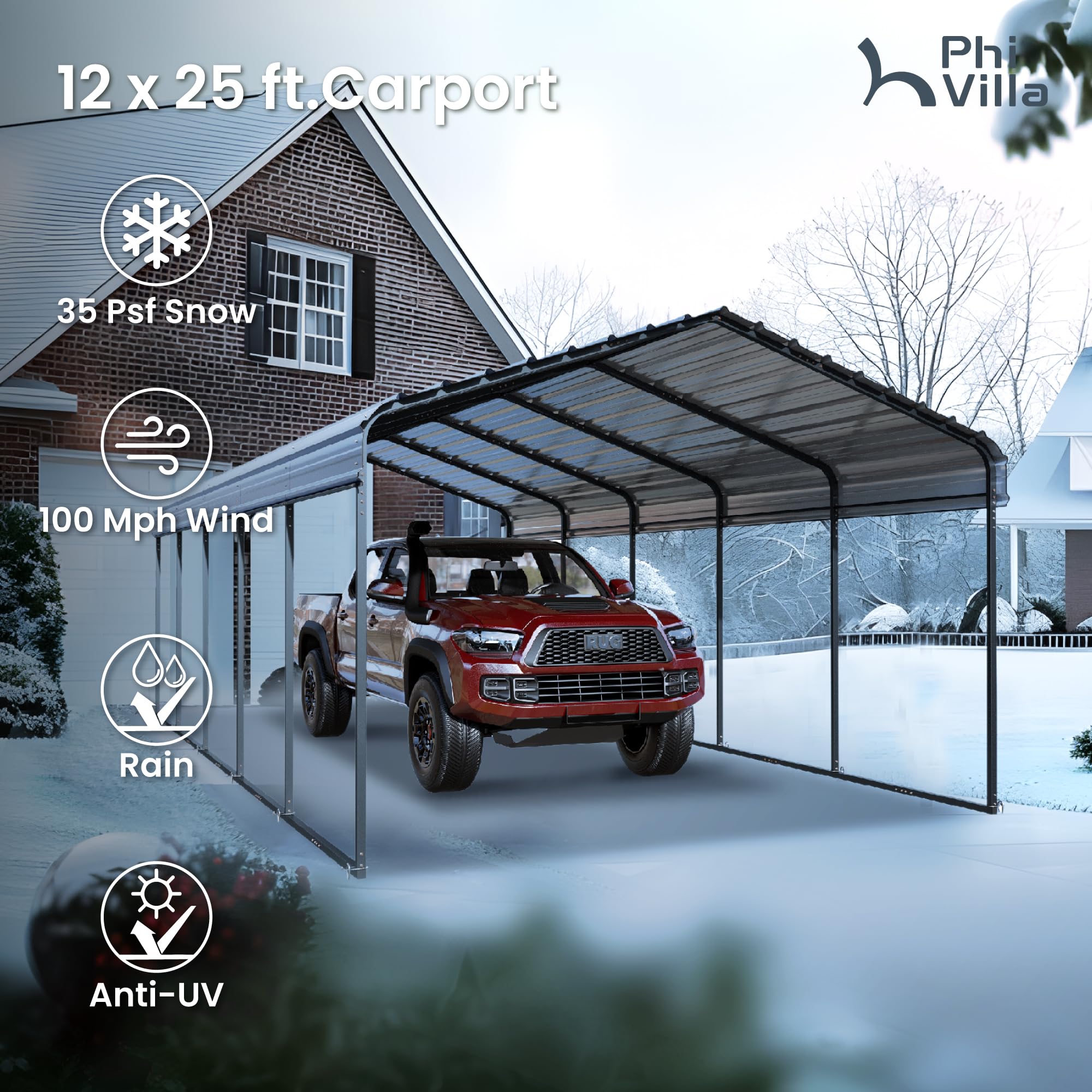 PHI VILLA Outdoor Carport Canopy 12' x 25', Metal Carport Tent Heavy Duty, Garage Car Shelter Shade with Metal Roof, Frame and Bolts for Car, Truck and Boat