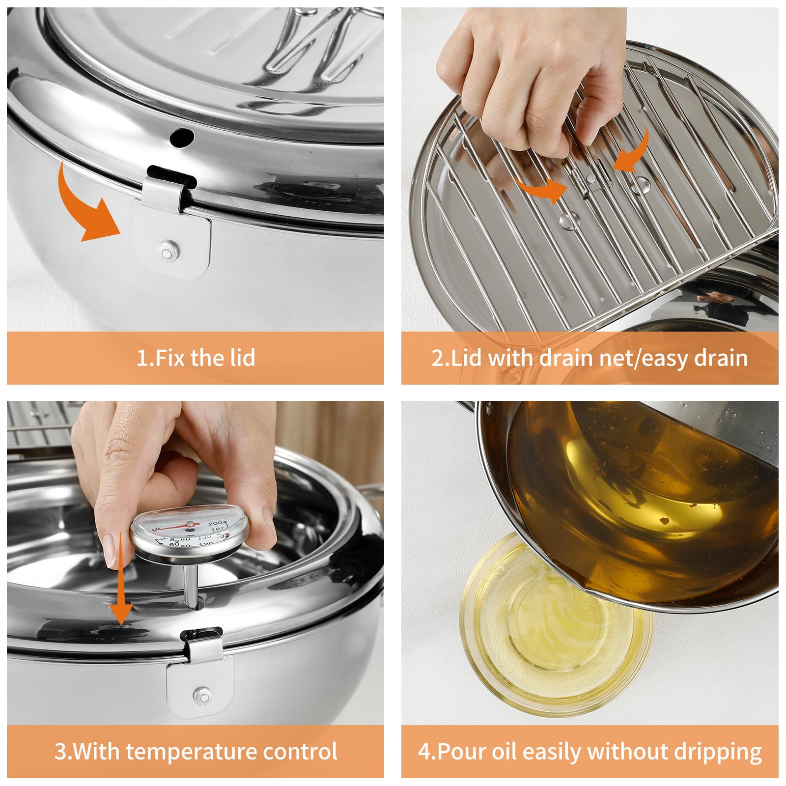 YLARMY Deep Fryer Pot, 11 Inch/4.2 L Janpanese Tempura Frying Pot with Lid, Stainless Steel thermometer deepfryer with Temperature Control Oil filter rack, Kitchen French Fries maker, Chicken Oil Fry