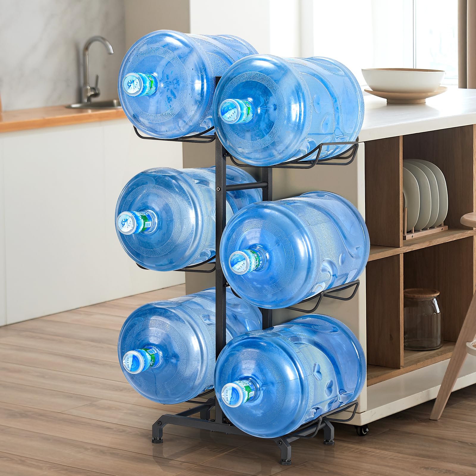 5 Gallon Water Jug Holder 3 Tier Water Bottle Holder Organizer with Wheels Foldable Heavy Duty Water Bottle Storage Rack for Home Office, Garage, Black