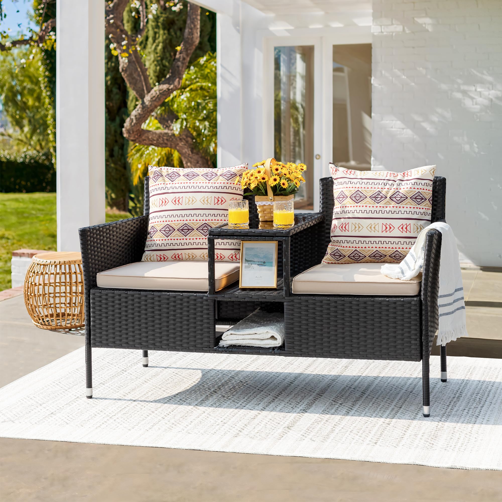 Devoko Outdoor Patio Loveseat Modern Rattan 2-Seat Patio Conversation Set with Cushions & Built-in Coffee Table Porch Furniture for Garden Lawn Backyard (Beige)