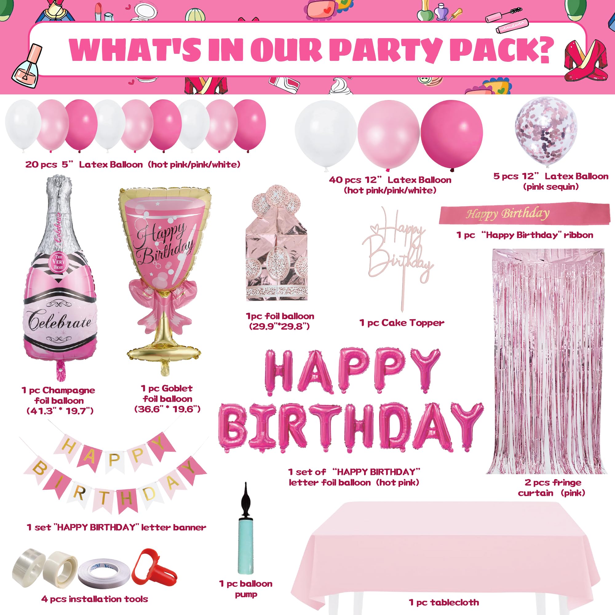 Party Spot! 103 pcs Pink Birthday Decorations, Pink Decorations for Party, Balloon Arch, Tablecloth, Banner, Fringe Curtain, Birthday Decoration for Women, Pink Party Decorations