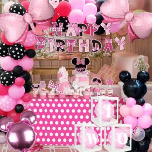 Pink Mouse Birthday Party Supplies - Pink Mouse Balloon Garland Arch Kit for Cartoon Mouse Theme Birthday Party Decorations for Girl, Pink Bow Foil Balloons and Banners for Baby Shower Party Supplies