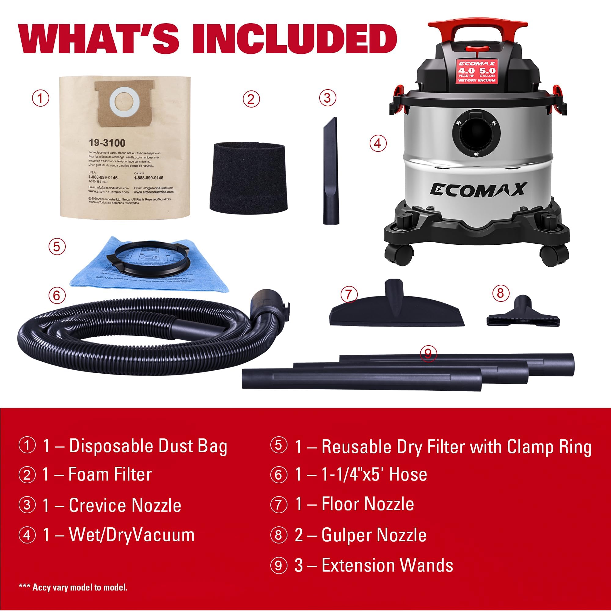 ECOMAX Wet Dry Vac 5 Gallon, 4 Peak HP, Portable Stainless Steel Shop Vacuum Wet/Dry with Powerful Suction-85 CFM, 3-in-1 Wet/Dry/Blow, Shop Vacuum for Home, Workshop, Jobsite, EM18115