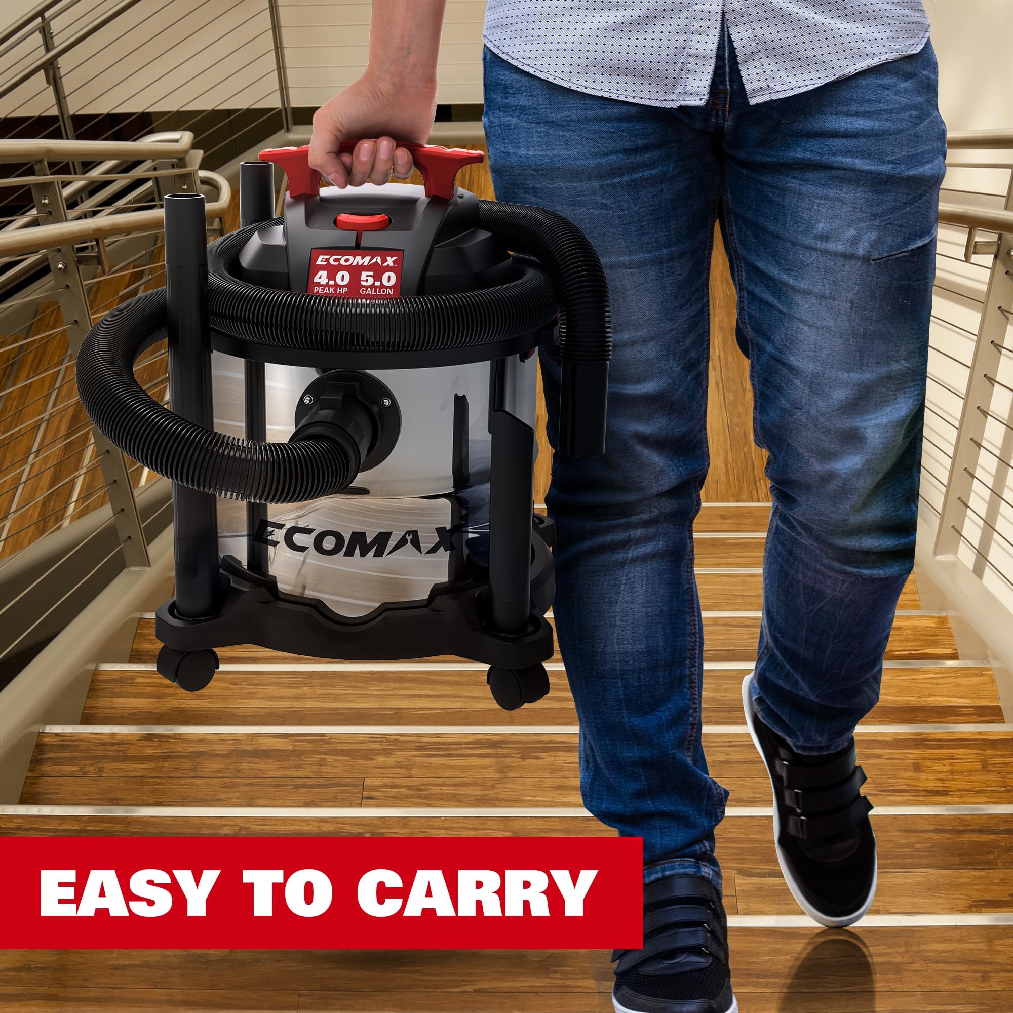 ECOMAX Wet Dry Vac 5 Gallon, 4 Peak HP, Portable Stainless Steel Shop Vacuum Wet/Dry with Powerful Suction-85 CFM, 3-in-1 Wet/Dry/Blow, Shop Vacuum for Home, Workshop, Jobsite, EM18115