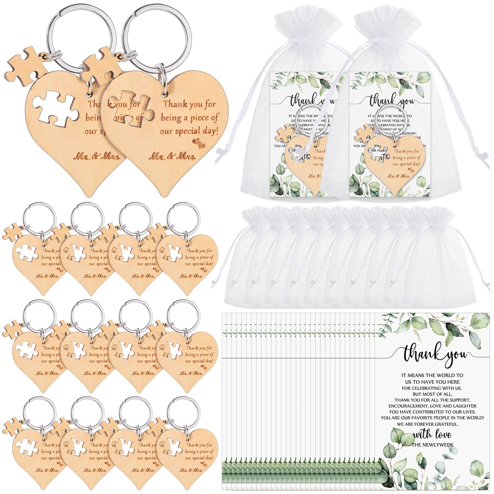 Ecation Wedding Favors for Guests Wood Heart Puzzle Keychains Thank You Cards Gift Bag Bridal Shower Souvenir Gifts(100 Sets)