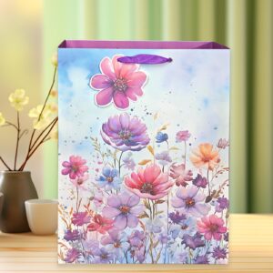 6 Pack Purple Flowers Pattern Embossed Paper Gift Bag with Handles, Assorted Paper Bags with 8 Pcs Tissue Paper for Girls/Women Baby Shower, Celebrations,Birthday,Wedding and Any Occasions