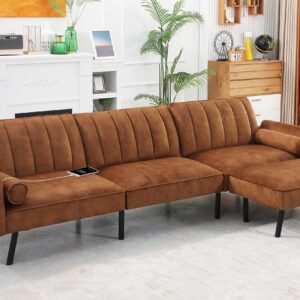 DURASPACE Velvet Sectional Convertible Sofa with Chaise, 106.5" L Shape Sectional Sofa Couch with USB, Split Back Folding Futon Couch for Living Room (Caramel Brown)