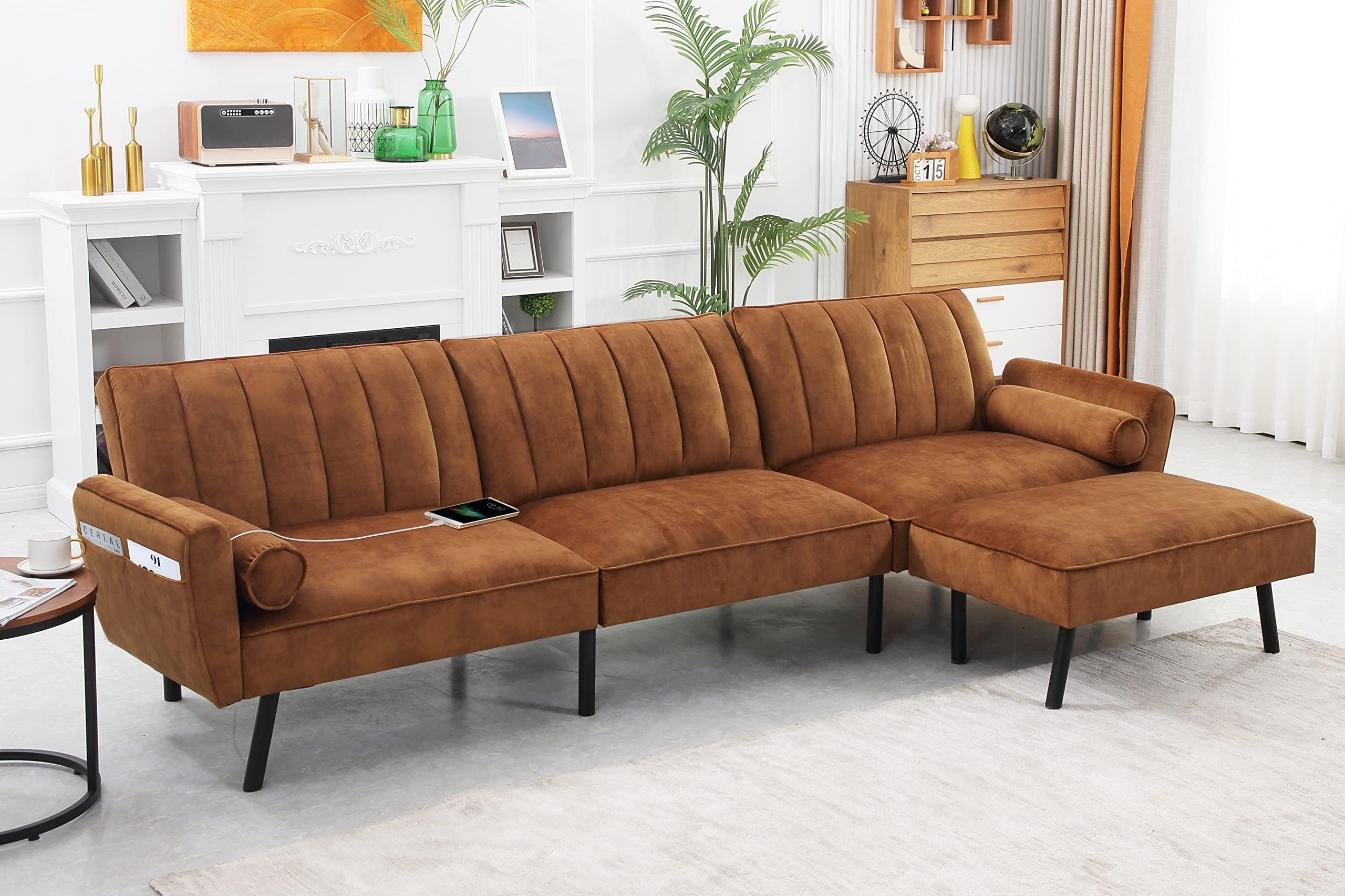 DURASPACE Velvet Sectional Convertible Sofa with Chaise, 106.5" L Shape Sectional Sofa Couch with USB, Split Back Folding Futon Couch for Living Room (Caramel Brown)