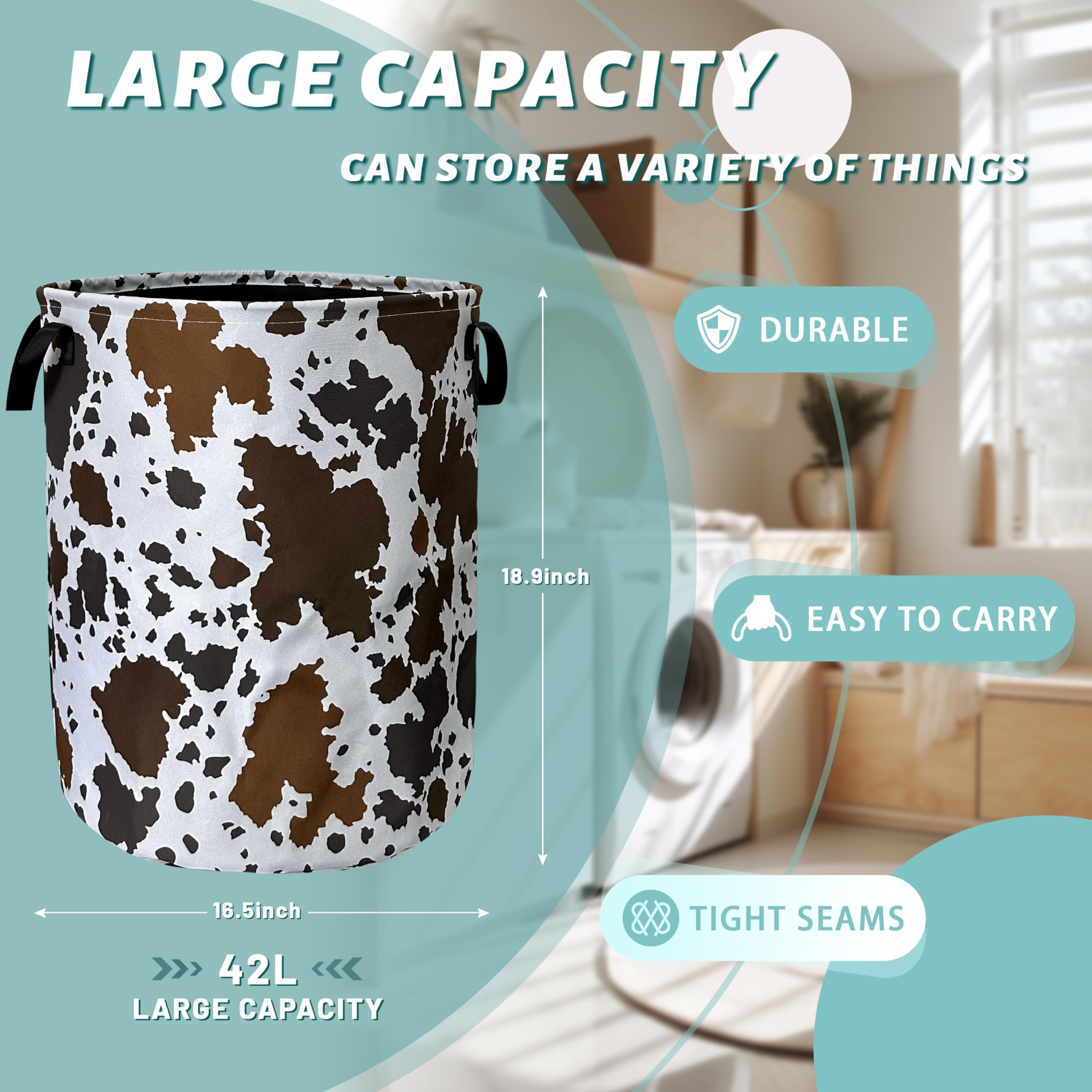 Cows Skin Brown Print Laundry Basket Foldable With Handles Tote Bag Oxford Cloth Animal Funny Laundry Hamper Clothes Storage Bucket Toy Organizer 18.9" x16.5" For Bathroom/Laundry/Bedroom