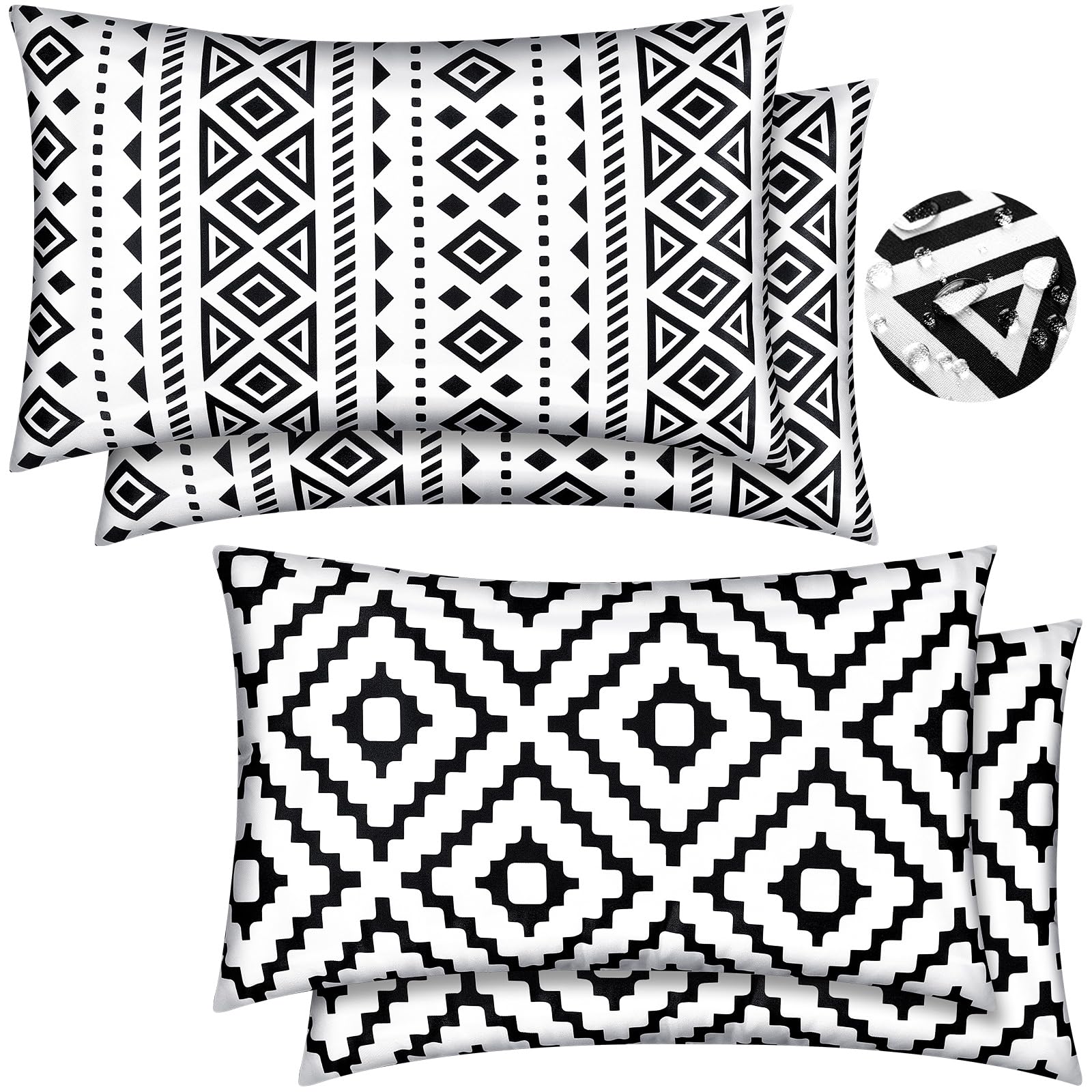 Ziliny 4 Sets Outdoor Waterproof Lumbar Pillows with Insert 12 x 20 Inch Water Resistant Throw Pillow Cushion Covers Set for Swing Porch Couch Sofa Garden Cushion Patio Furniture(Trendy)