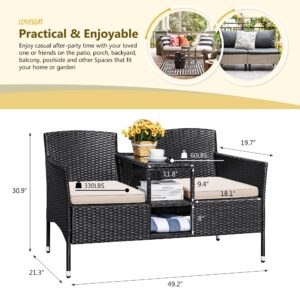 Devoko Outdoor Patio Loveseat Modern Rattan 2-Seat Patio Conversation Set with Cushions & Built-in Coffee Table Porch Furniture for Garden Lawn Backyard (Beige)