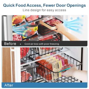 iSPECLE Upright Freezer Organizer Bins - 6 Pack Small Stand Up Freezer Baskets for 13 cu.ft Freezer, Get Food Easily, Freeze Efficiently with Air Circulation Stop Food Fall out from Freezer, Black