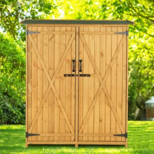 Vasitelan Outdoor Storage Cabinet, Wood Garden Shed, Outside Tool Shed, Vertical Organizer Cabinet with Double Lockable Doors for Outside, Garden and Yard