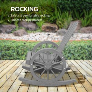 Outsunny Wooden Rocking Chair, Adirondack Rocker Chair w/Slatted Design and Oversized Back, Outdoor Rocking Chair with Wagon Wheel Armrest for Porch, Poolside, and Garden, Gray