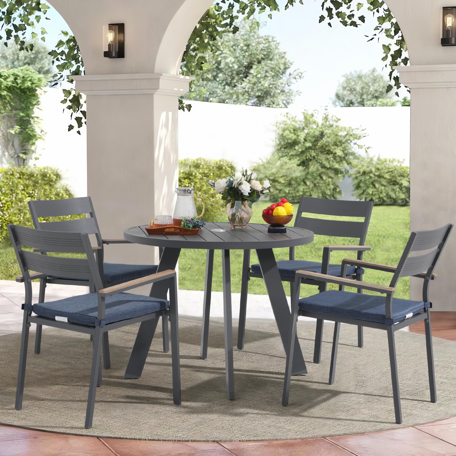 JOIVI 5 Piece Patio Dining Set, Outdoor Furniture Set Includes 4 Stackable Chairs and Table with 2.05” Umbrella Hole, All Weather Patio Dining Chair for Deck, Graden, Porch