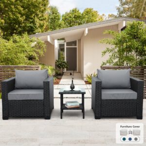 3 piece patio set wicker patio furniture patio conversation sets outdoor chairs and glass side table balcony furniture with non-slip cushions and waterproof covers, light grey