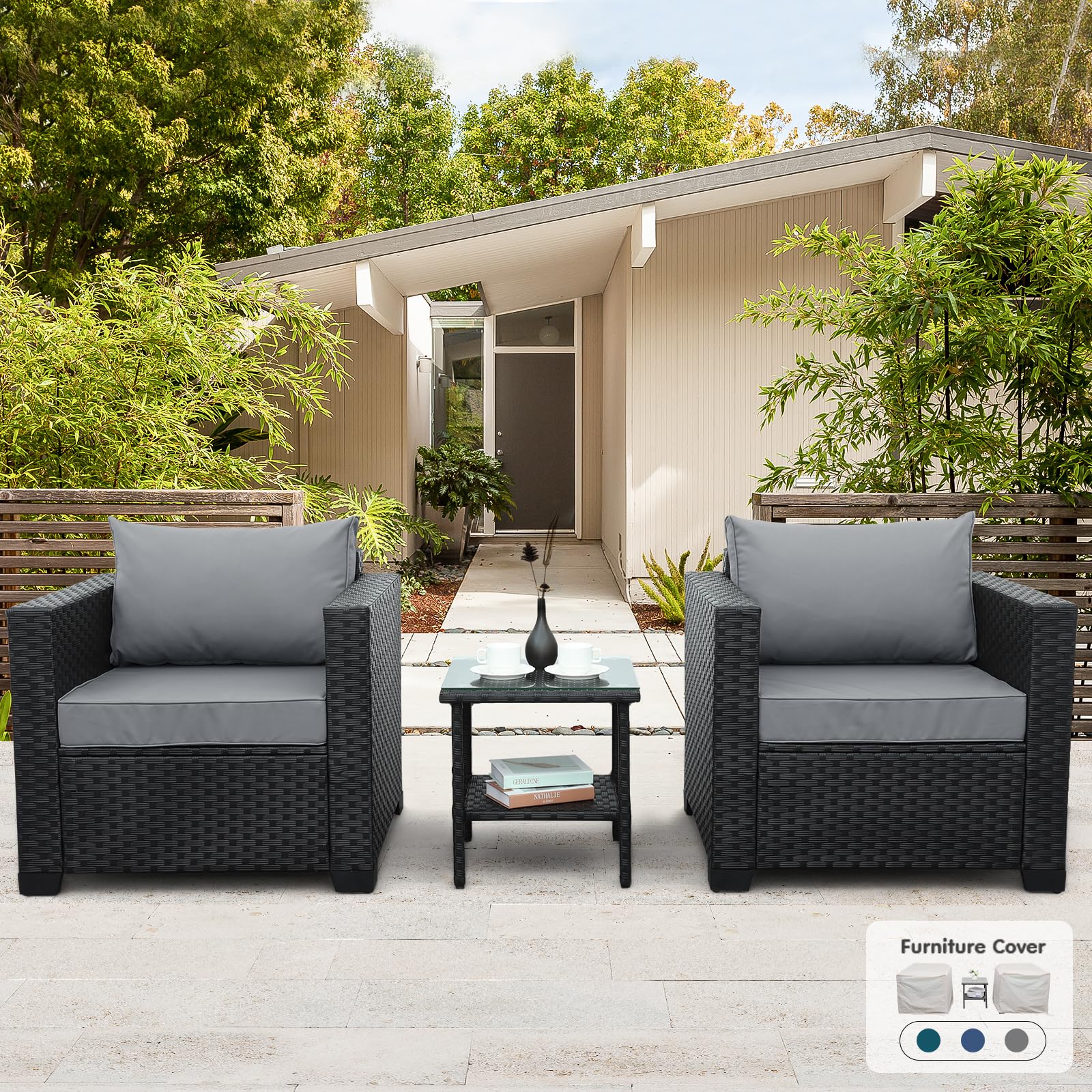 3 Piece Patio Set Wicker Patio Furniture Patio Conversation Sets Outdoor Chairs and Glass Side Table Balcony Furniture with Non-Slip Cushions and Waterproof Covers, Light Grey