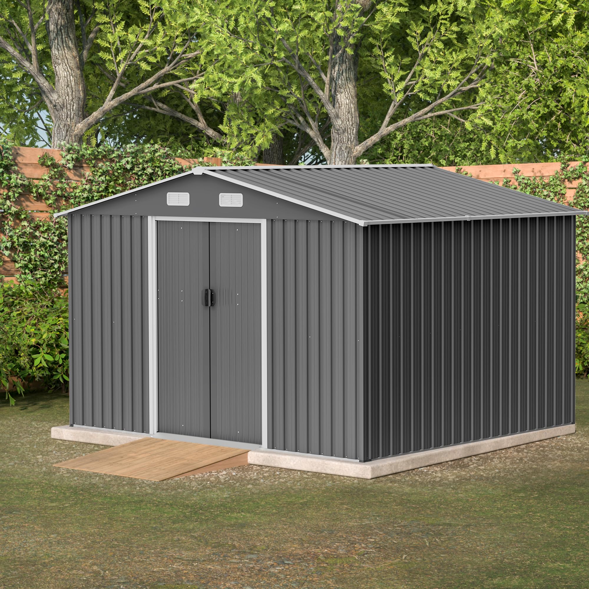 Lifeand 10’x 8’ Outdoor Storage Shed, All Weather Metal Sheds with Metal Foundation & Lockable Doors, Tool Shed for Garden, Backyard, Front Yard, Lawn, Patio, Grey